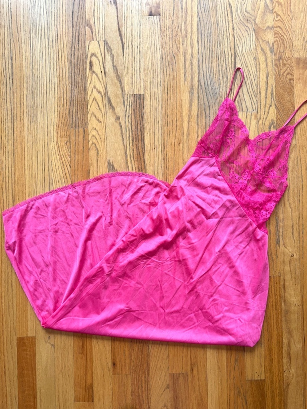 Vintage Pandora Lingerie by Chic Hot Pink Lace Trim Satin Slip Dress